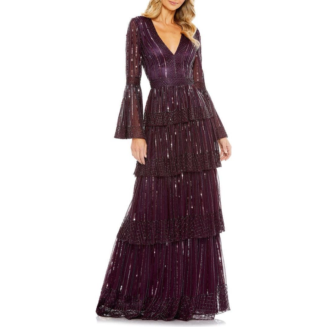 Nwt Mac Duggal Embellished Bell Sleeve Tiered Gown Size Us8 $698